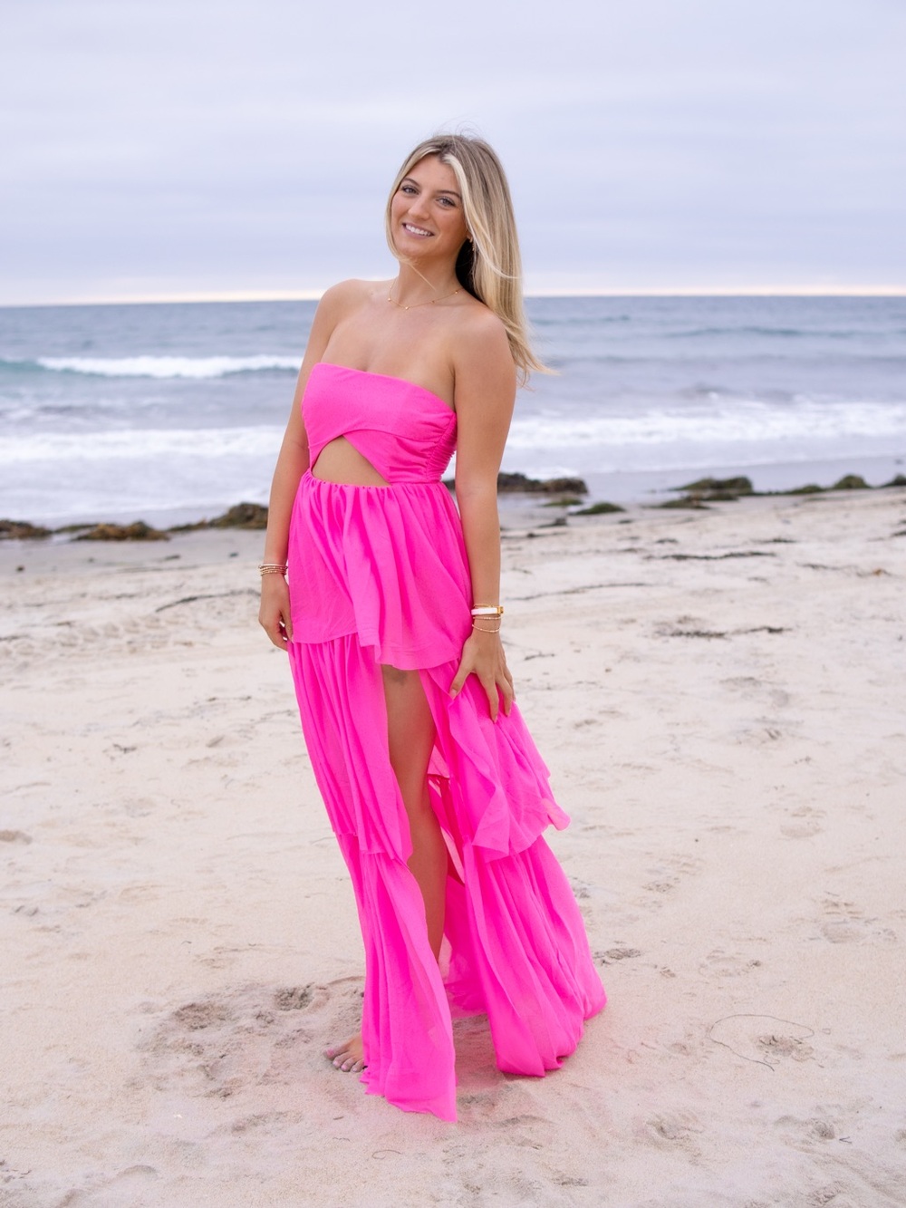 For Love And Lemons Neon Pink Strapless Cutout Maxi Dress